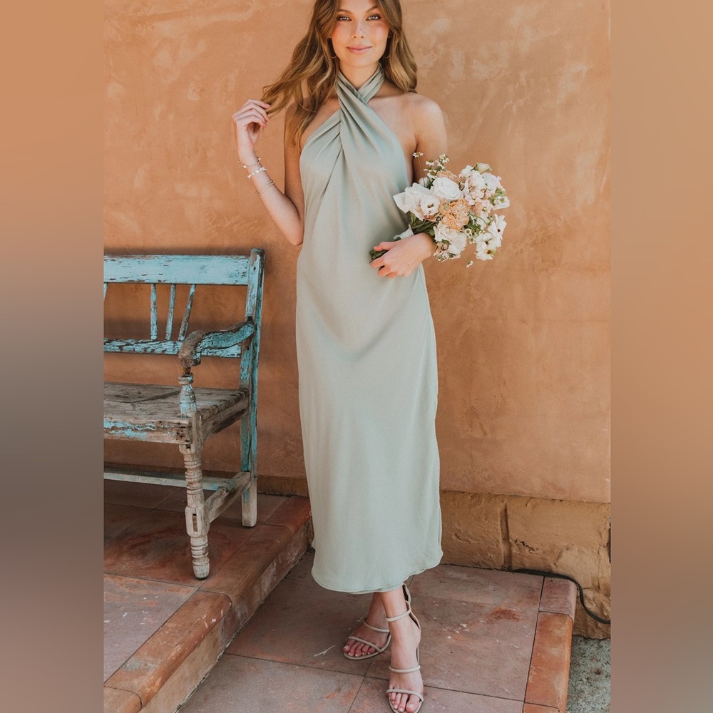 NWT Show Me Your Mumu Jasmine Halter Midi Dress Moss Green Crisp Bridesmaid L